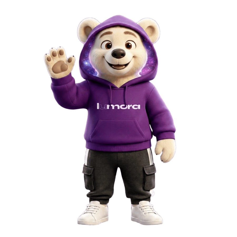 Lumi, the Lumora Media mascot, waving hello